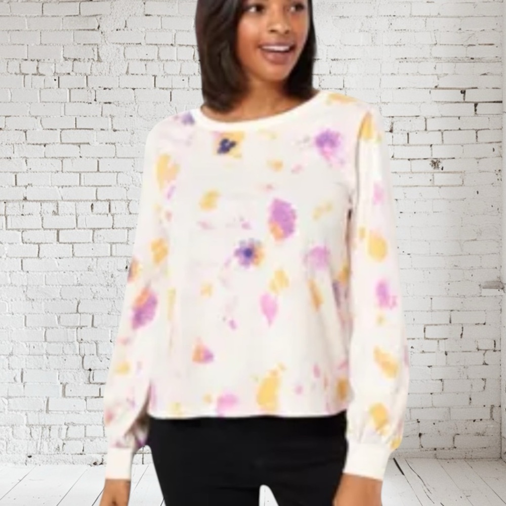 Candace Cameron Bure Pressed Floral Graphic Tee XS NWT | Long Sleeve Bloom Print